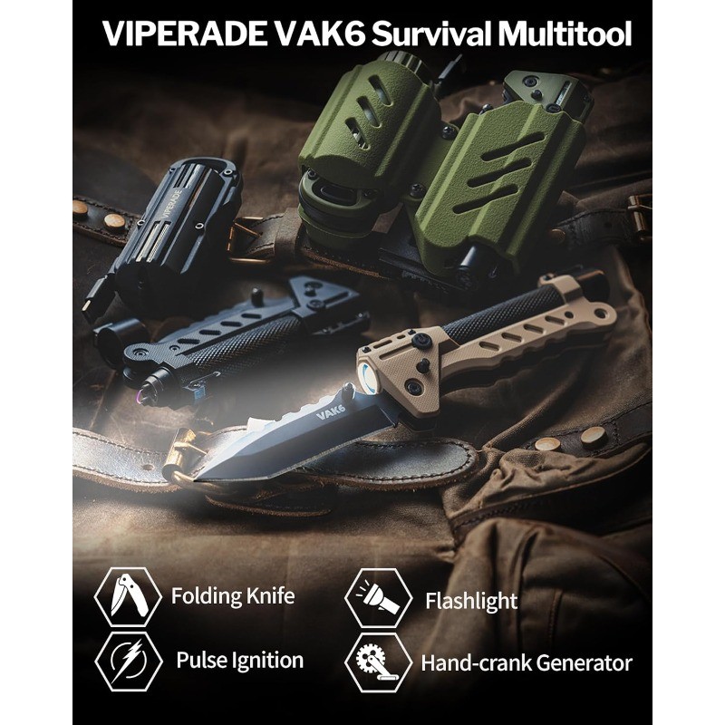 VAK6 Survival Multitool Folding Knife LED Flashlight Pulse Ignition Hand Crank