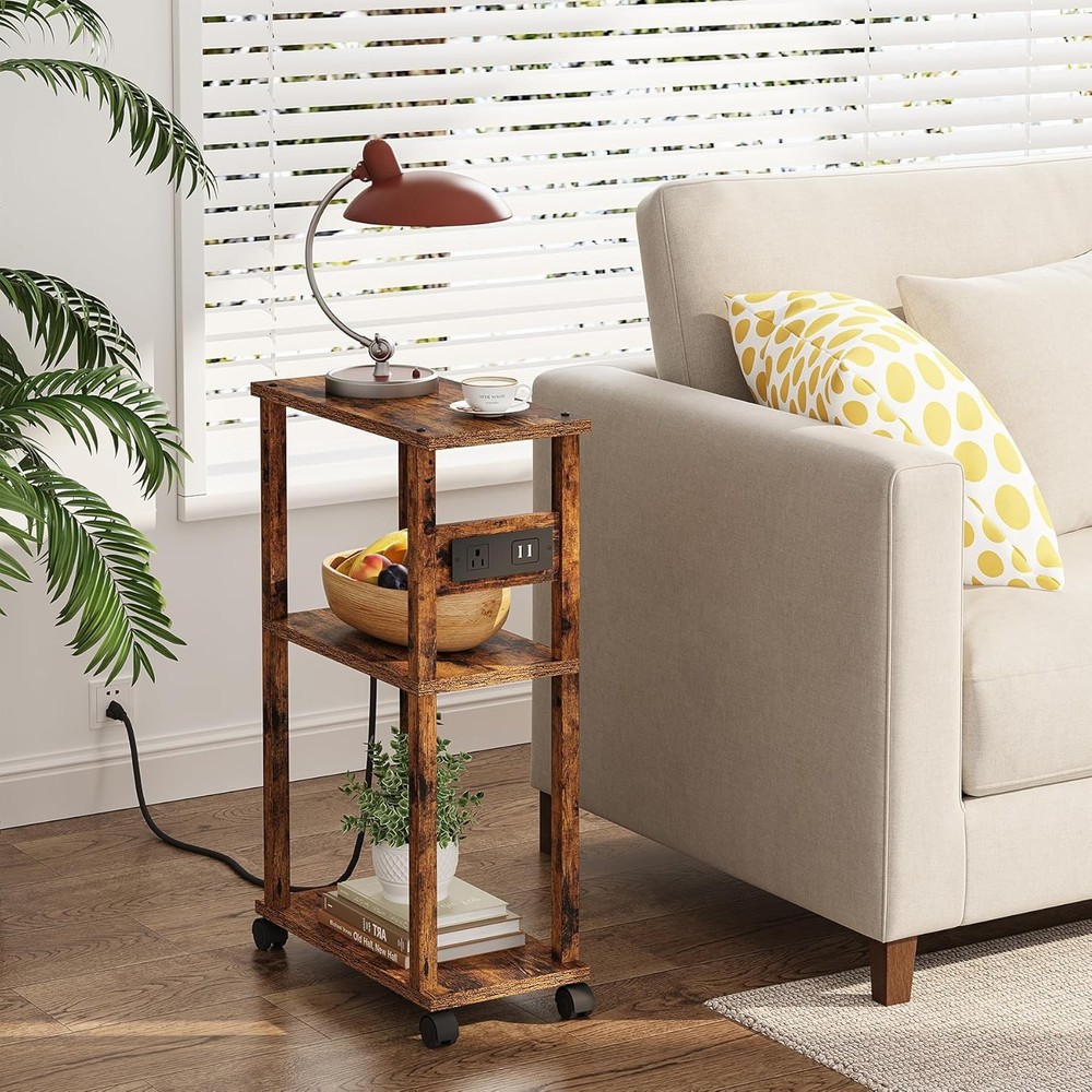 Small Narrow Side Table with Charging Stat, Skinny End Table