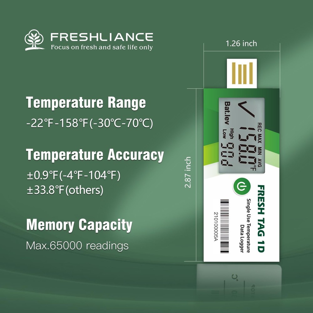 Freshliance USB Temperature Data Logger: 30000 Points, PDF/CSV Report, 30 Days