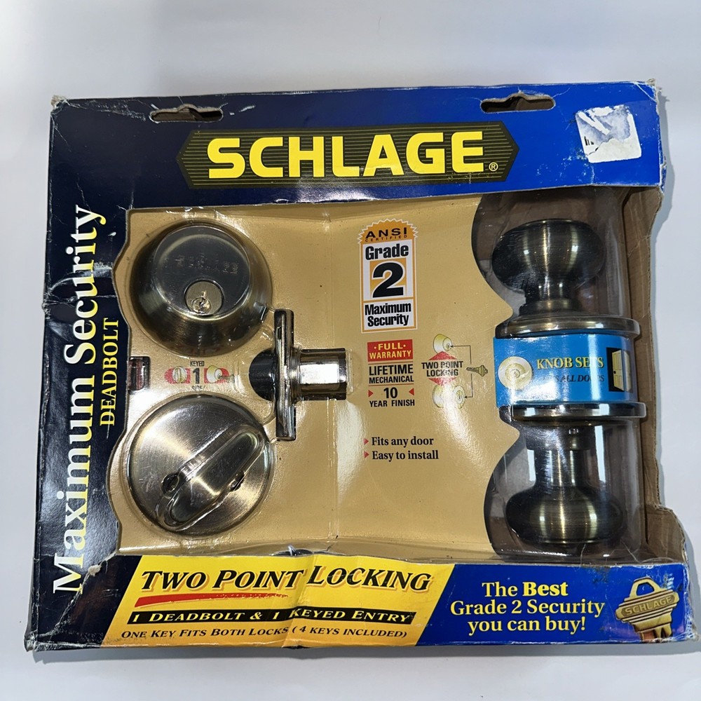 Schlage Maximum Security Deadbolt Keyed Entry~Grade 2 Max Security Antique Brass