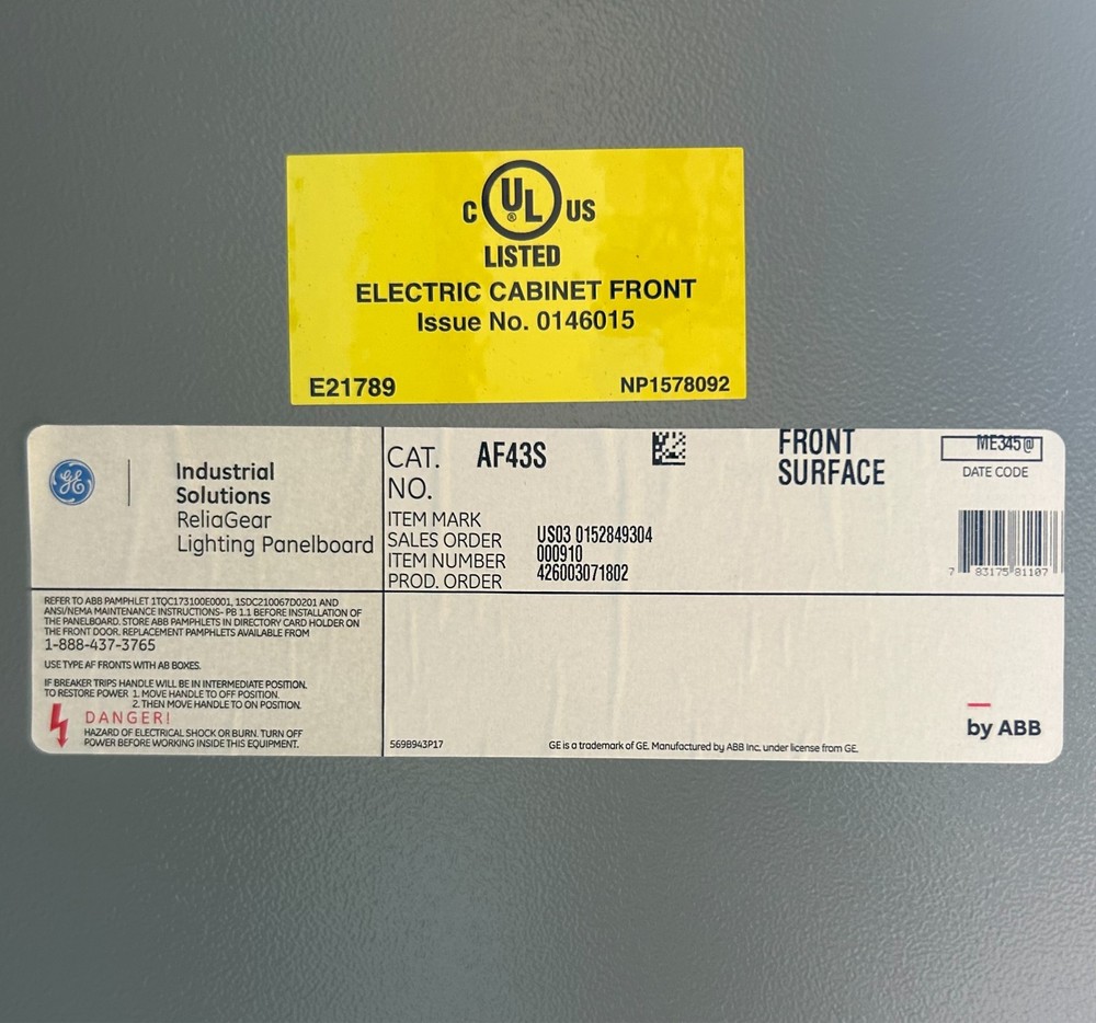 GE AF43S Panelboard Front Surface Cover Panel 43"