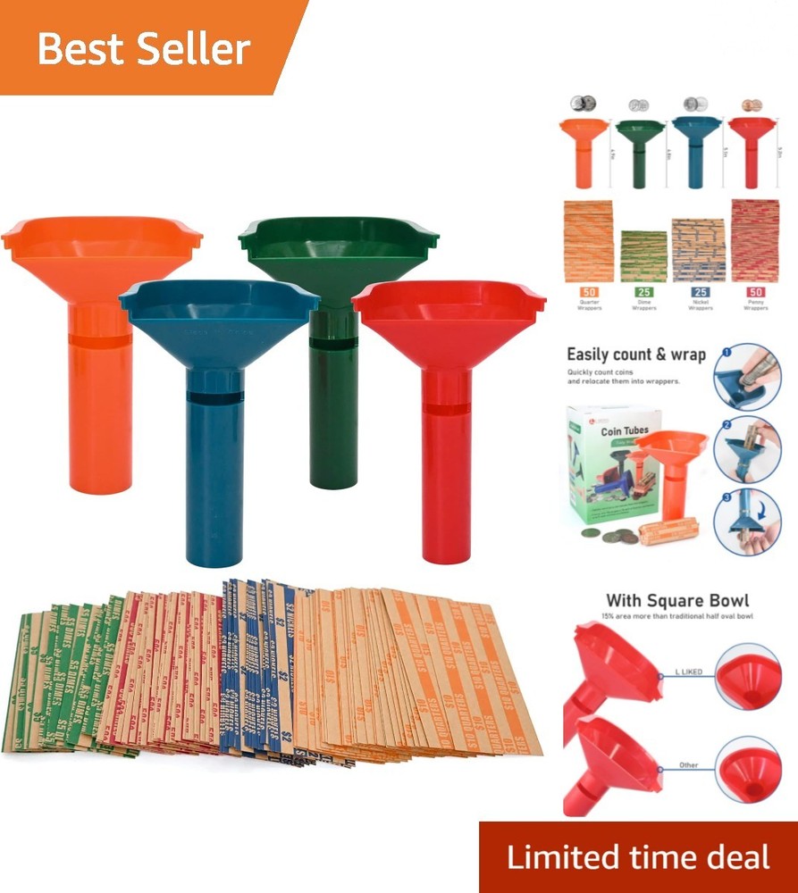 Professional Coin Sorting Set: 150 Wrappers & 4 Color-Coded Tubes for Easy Use