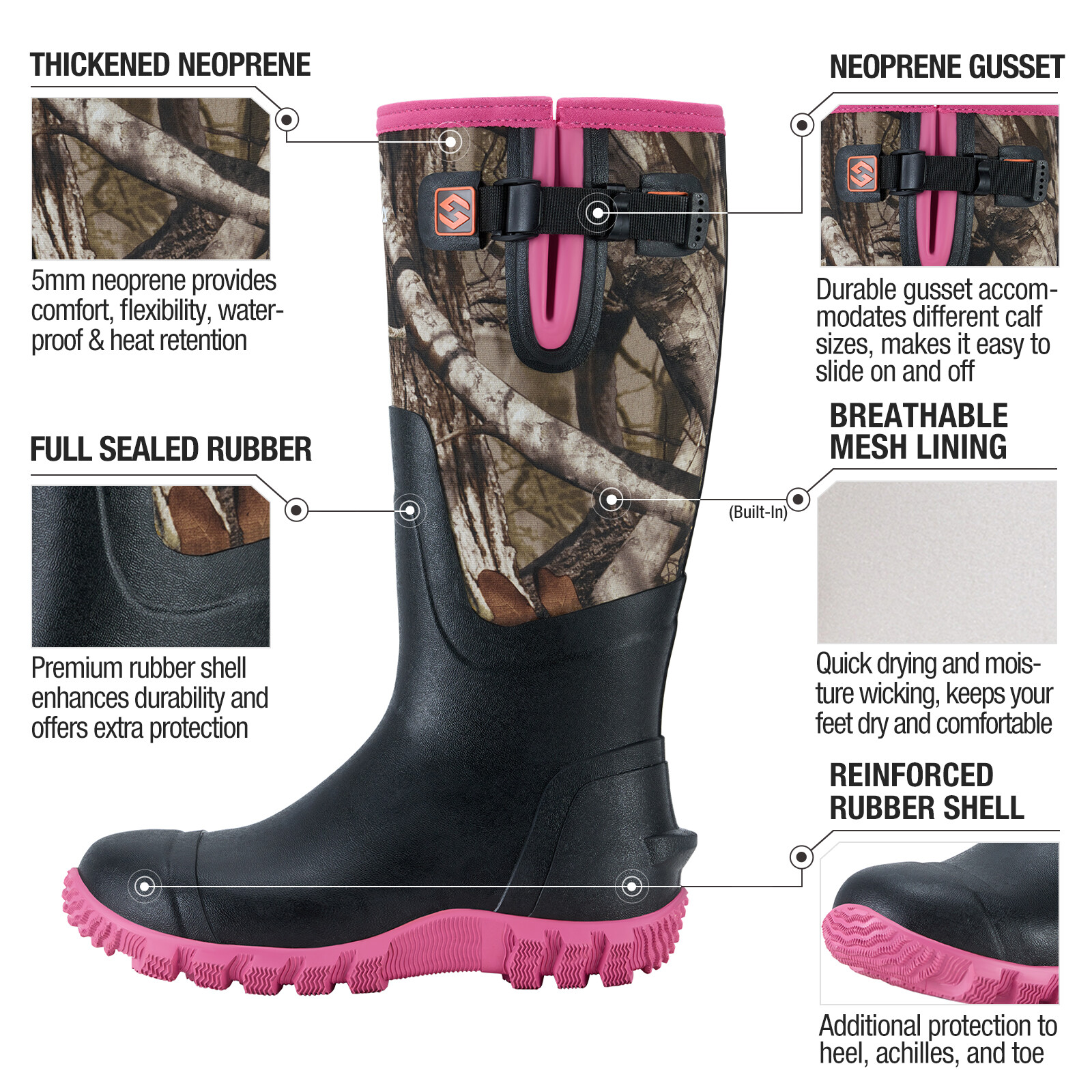 HISEA Women Rain Boots Side Buckles & Steel Shank Snow Hunting Chores Work Boots