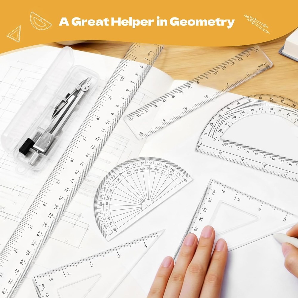 Geometry Set - 7Pcs Geometry Kit with Clear Plastic Ruler 12Inch & 6Inch,