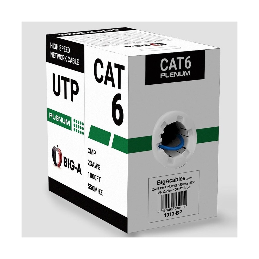 Big-A - Cat6 Plenum Cable 1000ft, Cat 6 Ethernet Cable (CMP) 10 Gigabit Solid...