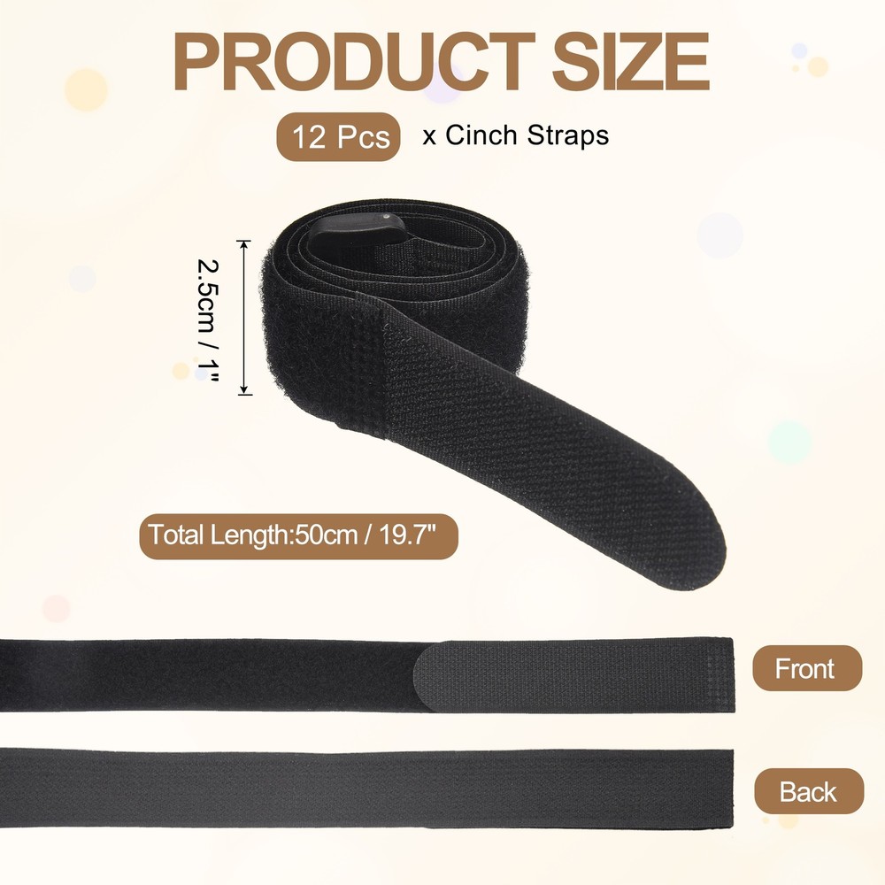 12pcs Reusable Cinch Straps 1"x19.7" Hook and Loop Cable Securing Straps, Black