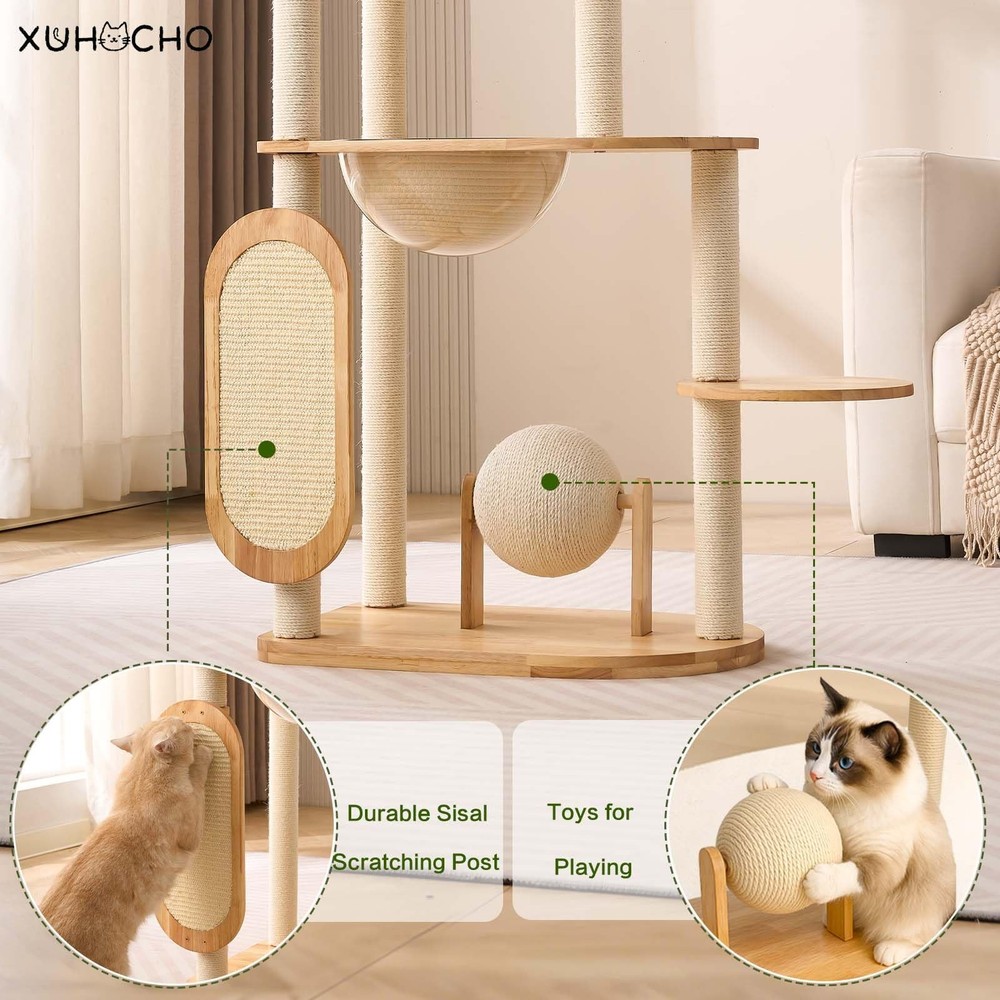Modern Cat Tree with Scratching Post, Solid Wood Cat Tree Tower for Indoor Ca...