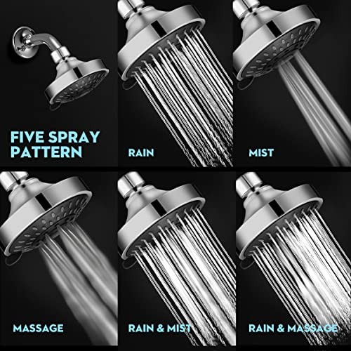 High Pressure Shower Head 5 Settings Fixed Showerhead 4 Inch High Flow Chrome