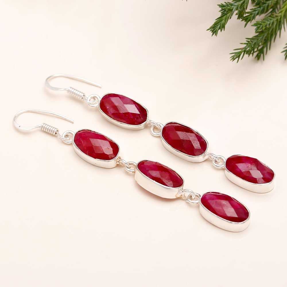 Ruby Lab Created Gemstone Dangle Handmade 925 Sterling Silver Earring Jewelry