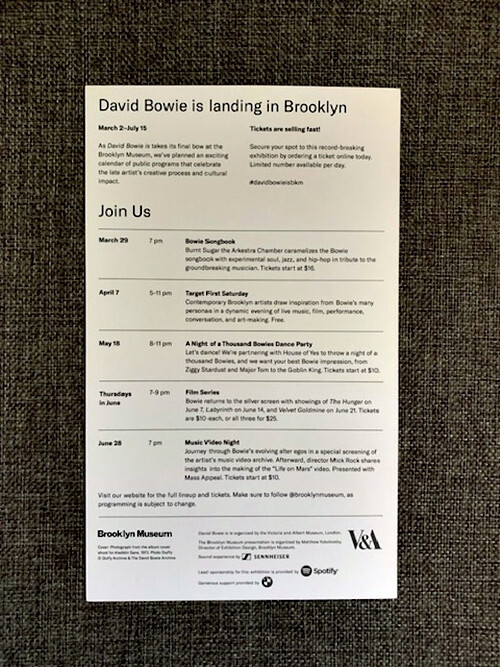 DAVID BOWIE IS Exhibit / Brooklyn Museum / Events & Programs Flyer / 2018 / NEW