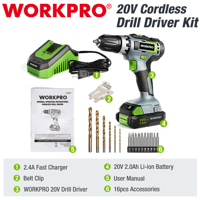 WORKPRO 20V Cordless Drill/Driver Kit 3/8" 18+2 Torque Setting Variable Speed US