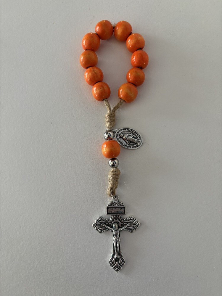 Jute Twine Miraculous , Crucifix, Orange Wood Catholic Rosary Beads, One Decade
