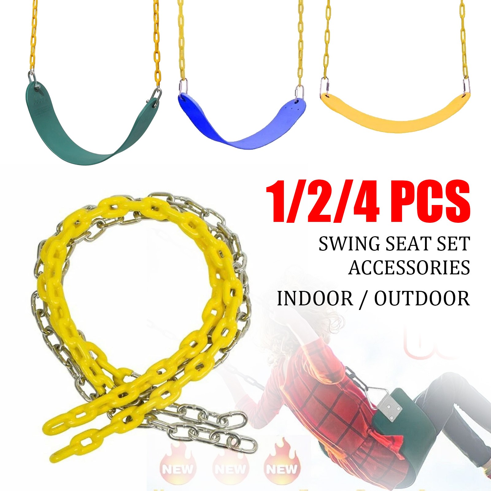 1-4PCS Playground Swing Seat, Heavy Duty Chain Plastic Coated, Birthday Gift Set