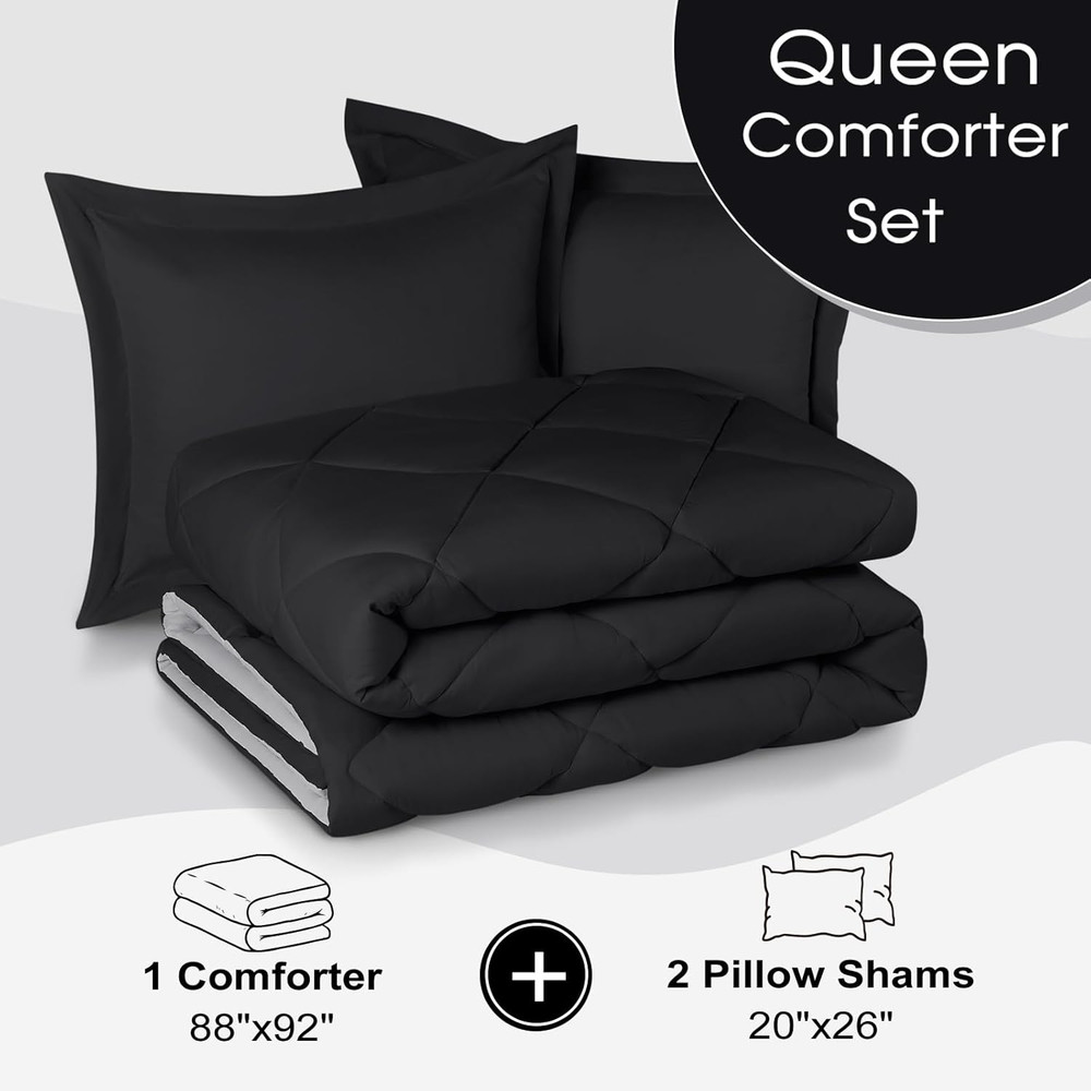 Queen Comforter Set - Black Comforter Set Queen, Reversible Bed Comforter Queen