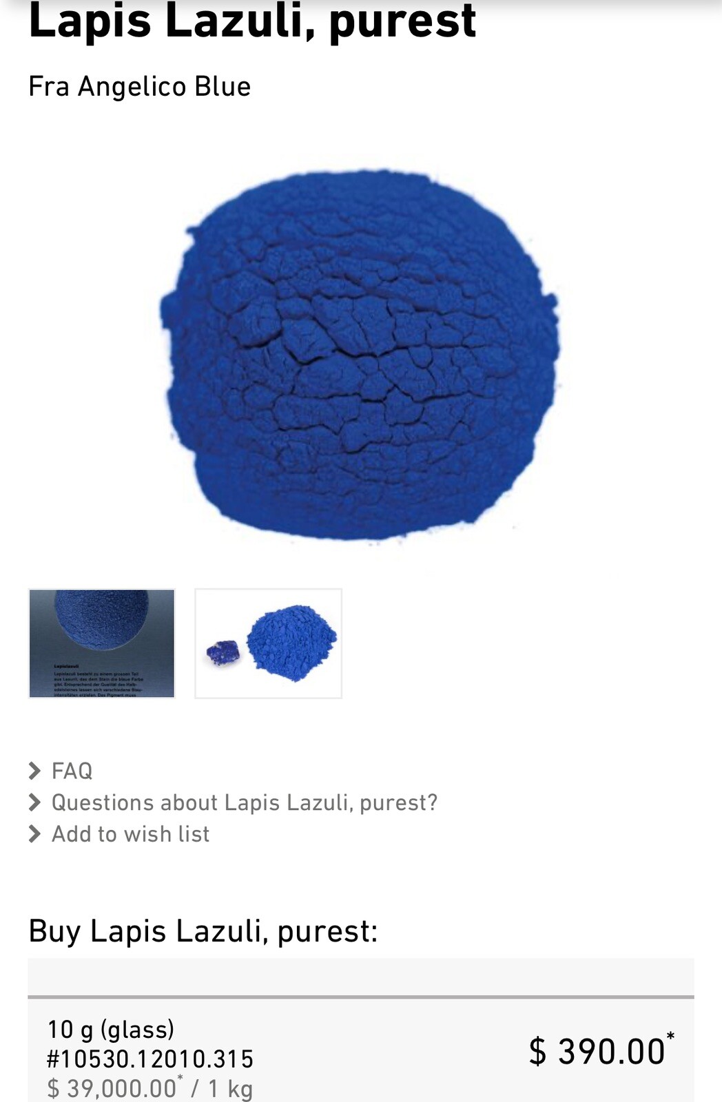 Lapis Lazuli Purest Pigment By Kremer Paint 10g Glass Bottle New / Unused 10530