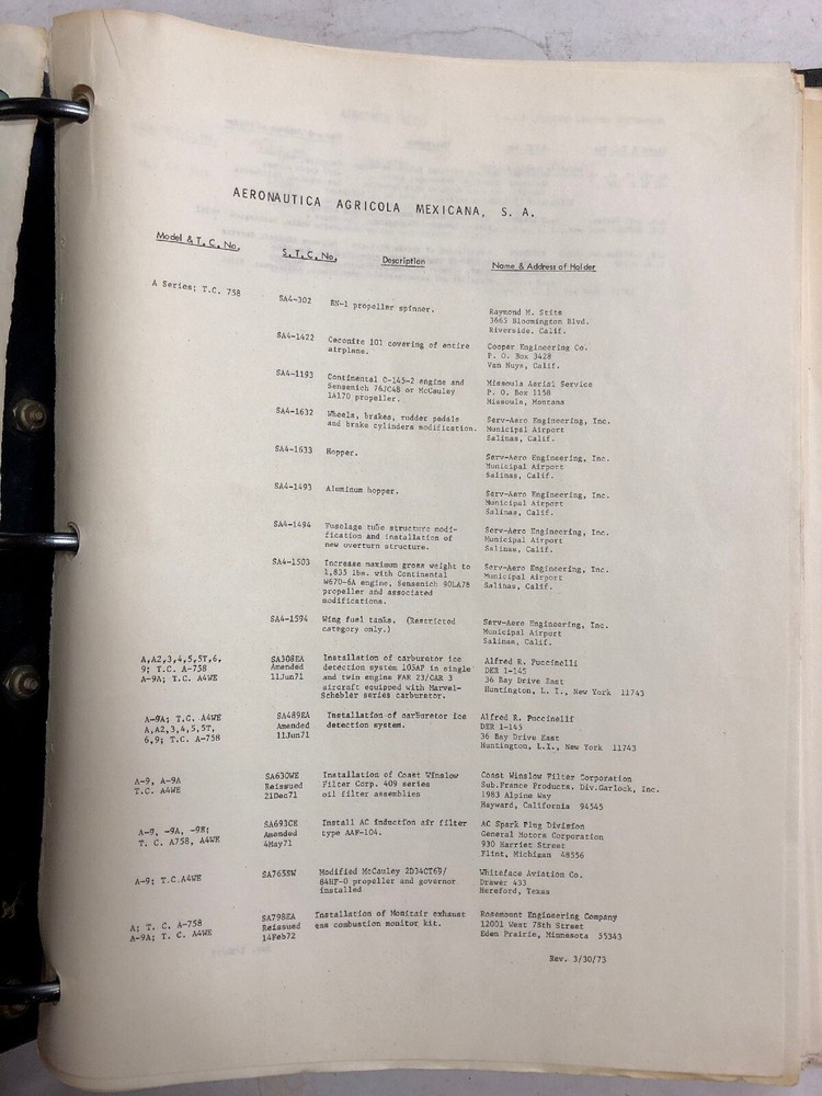 FAA Summary Of Supplemental Type Certificates 1971 Original