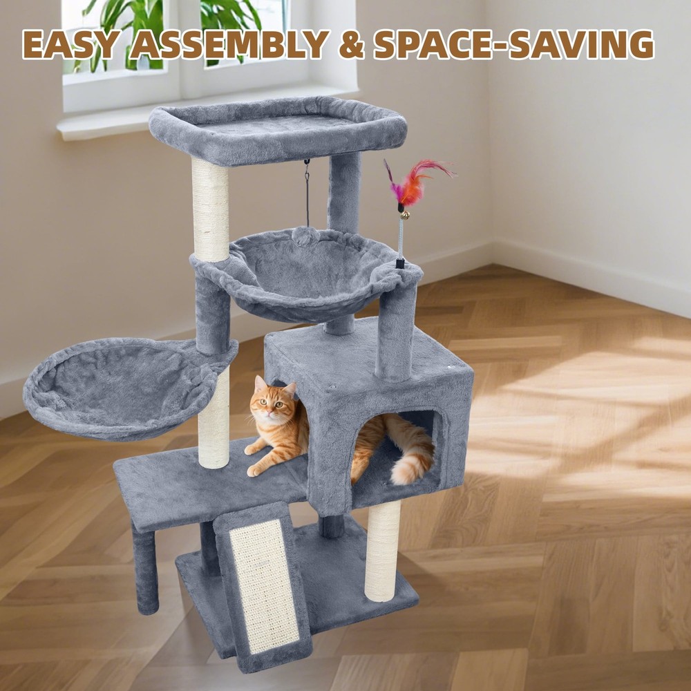 37" Cat Tree Tower 3-Tier Compact Condo with Scratching Post Hammock Grey