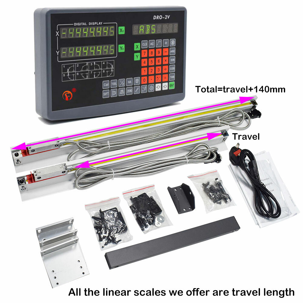 2 Axis Digital Readout+ 2pc Linear Scales Glass Sensor LED DRO Display Kit Lathe