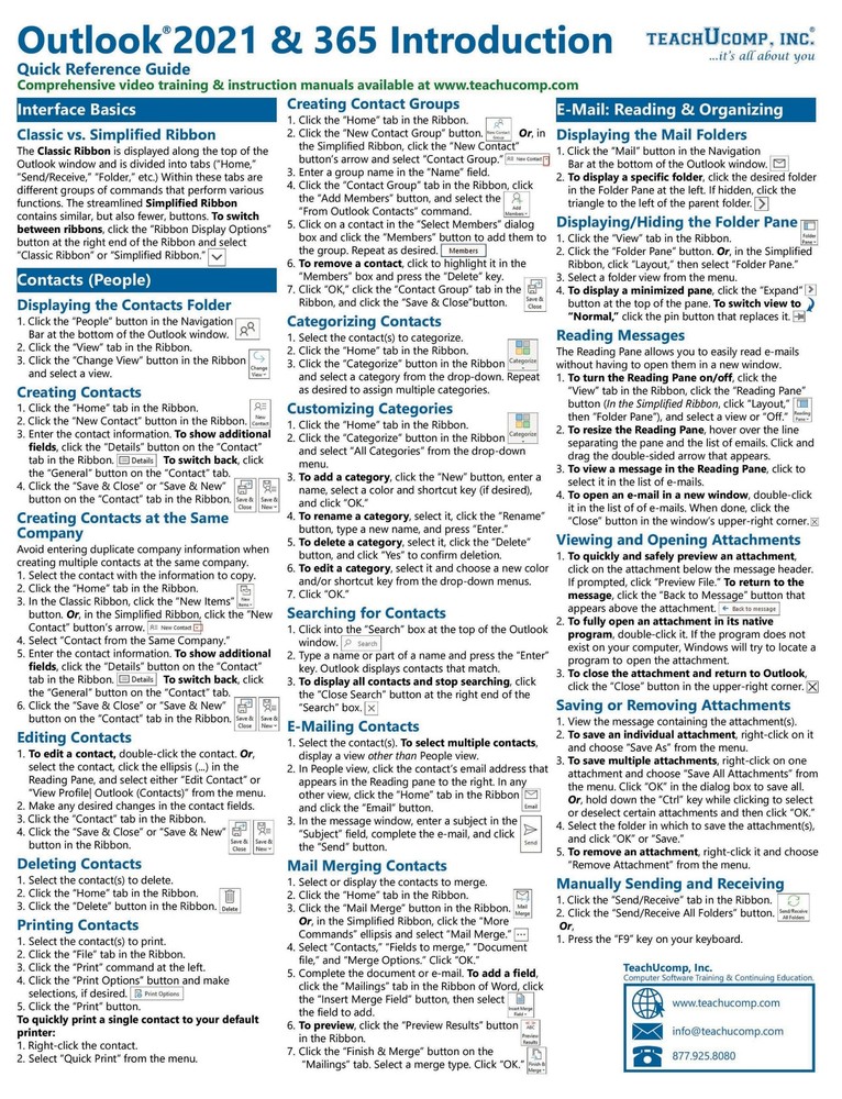 Outlook 2021 & 365 Training Guide Quick Reference Card Cheat Sheet Instructions