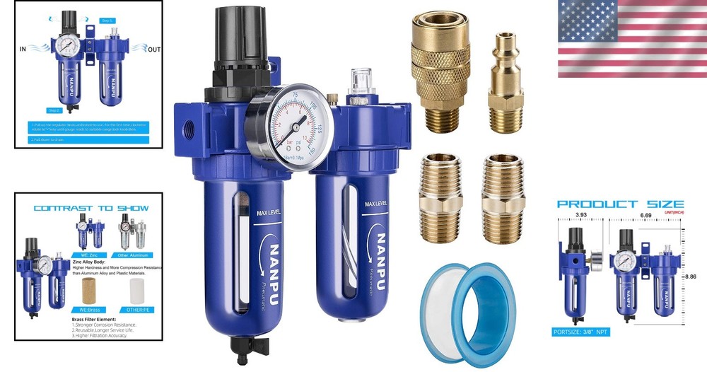 Durable 3/8" NPT Air Filter Regulator Lubricator with 5 Micron Brass Element