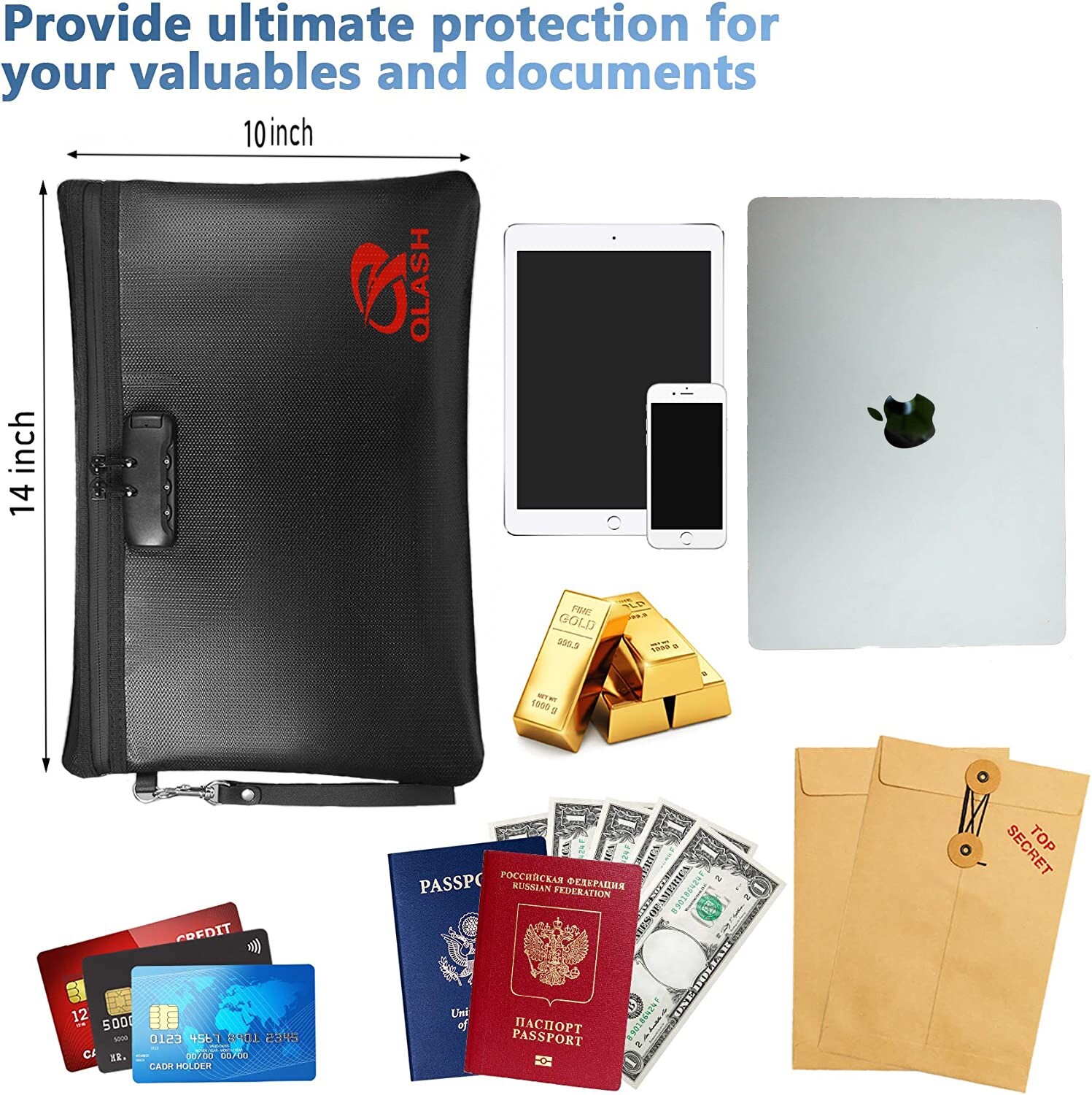 Large Fire Proof Bag with Lock 14x10" Document Pouch Waterproof Money Cash More