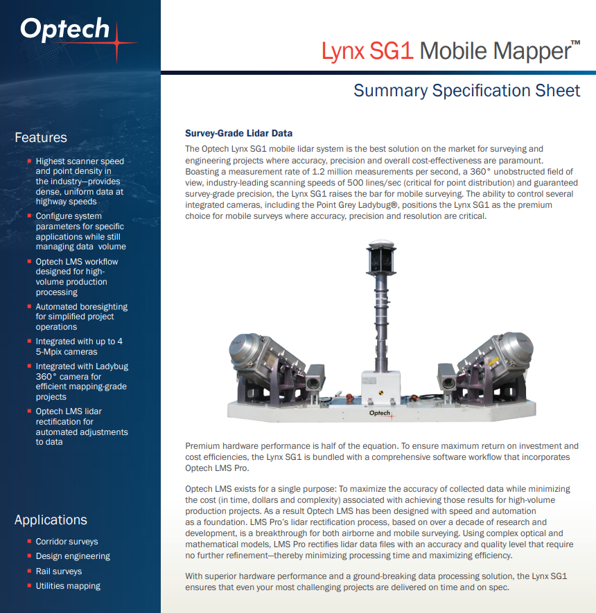 Optech Lynx SG1 Dual Head Lidar 3D Imaging Mobile Mapper Mapping System