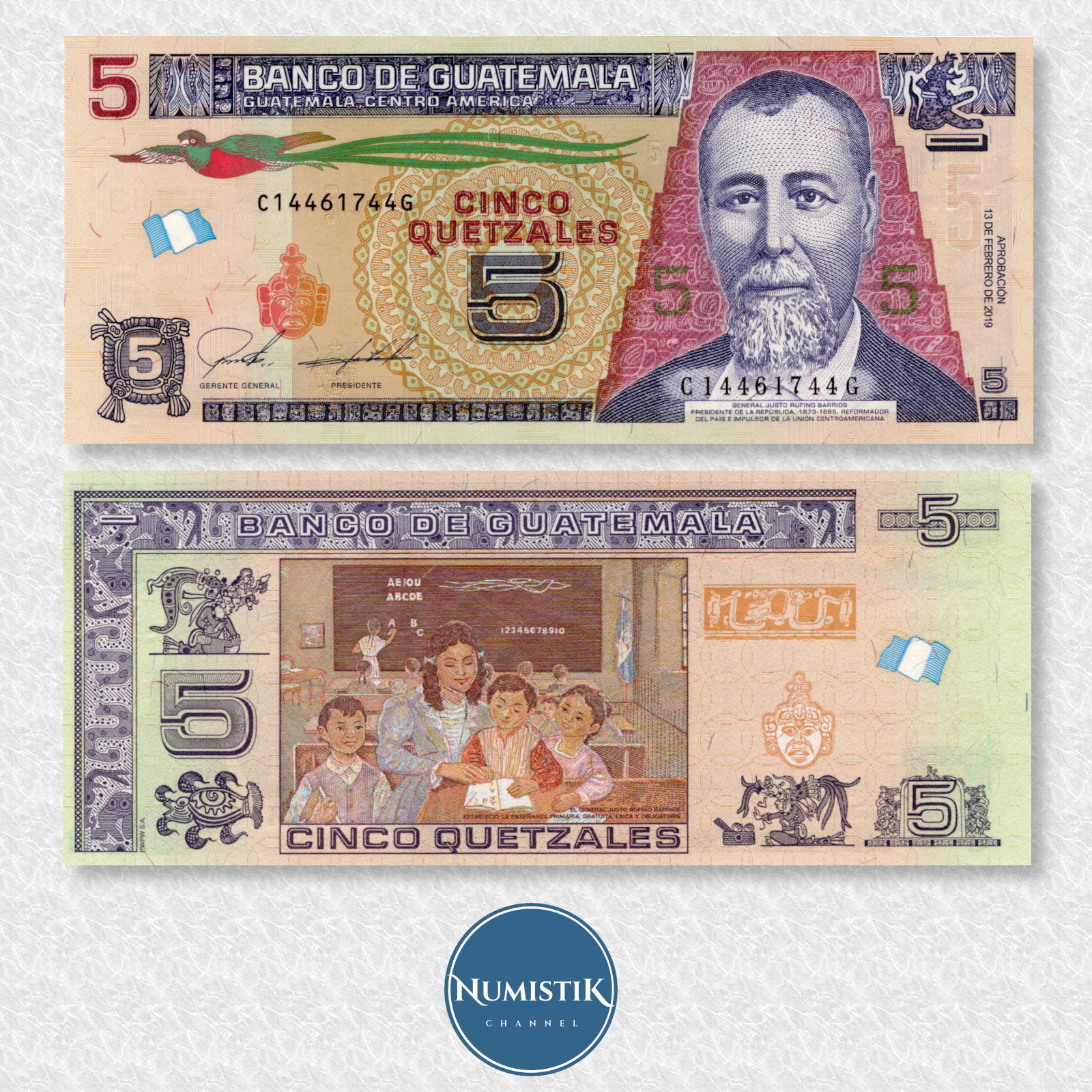 Guatemala 1 Quetzal -Commemorative- & 5 Quetzals 2019 UNC Banknote Set