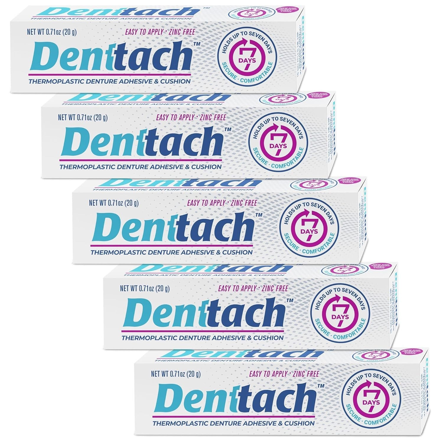 5 Pack Denttach Seven Day Hold Thermoplastic Denture Adhesive .71 Oz.