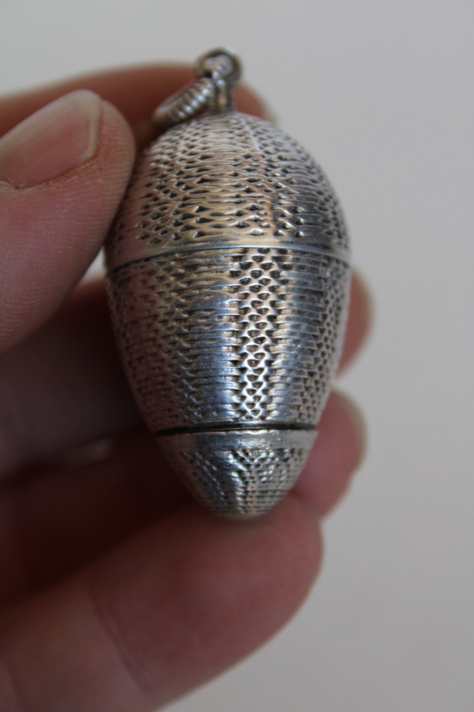 Antique Egg Sterling Silver Chatelaine Thimble Holder & Thimble / Pomander ?