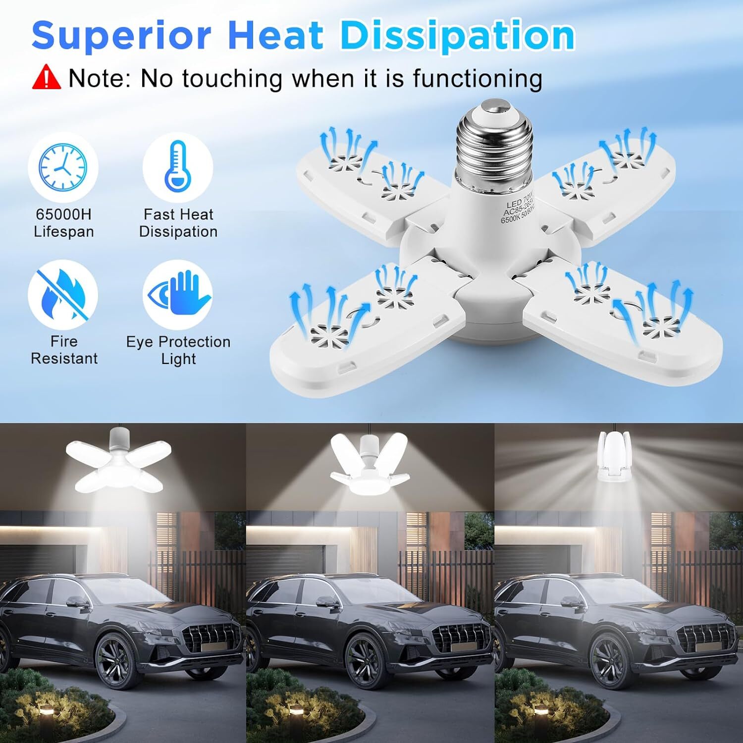 3 Pack LED Garage Light Bulb Deformable Ceiling Fixture Lights E27 Workshop Lamp