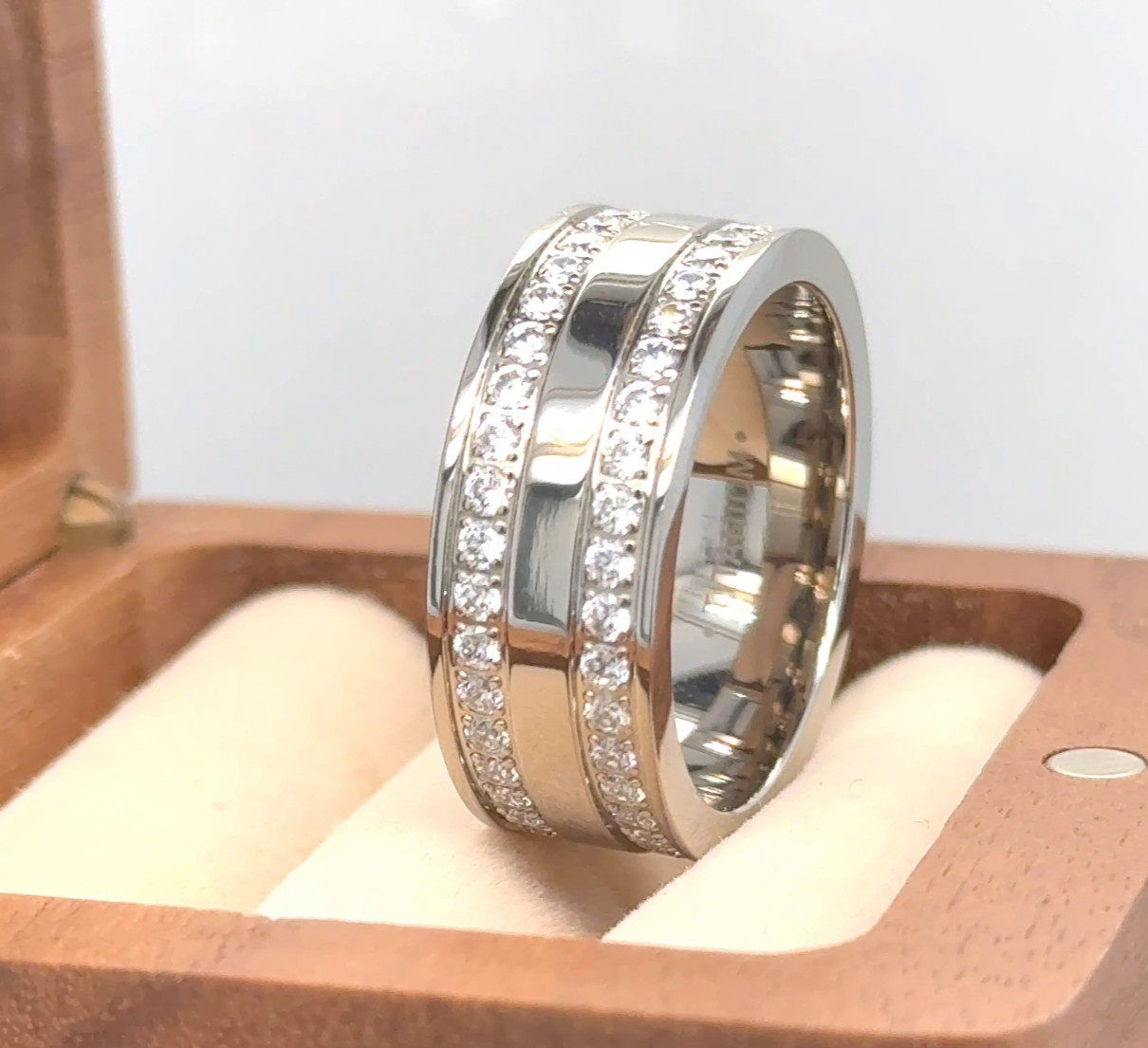 Mens Titanium Ring, Titanium Wedding Band, CZ Eternity Ring, Round cut CZ Band