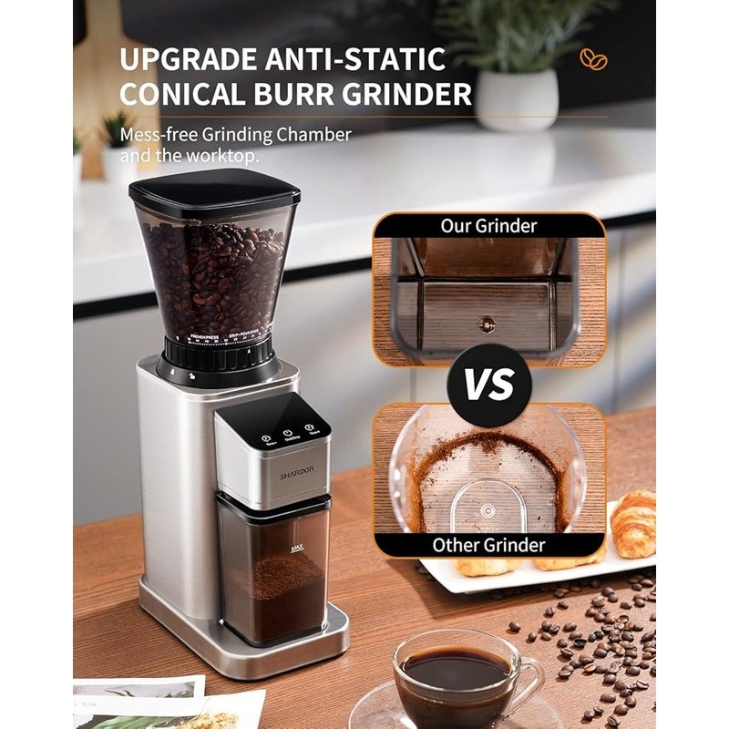 Precision Timer Burr Coffee Grinder 48 Settings Anti Static Large Hopper Silver