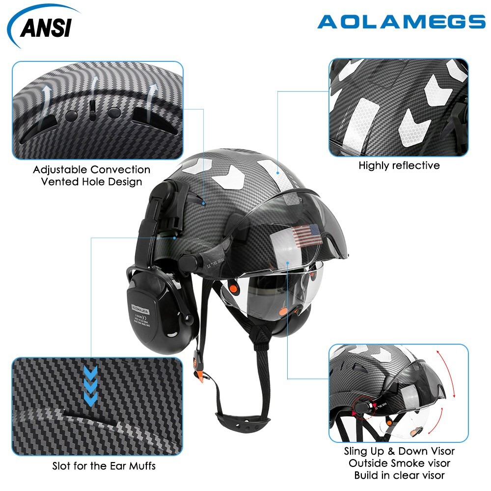 Carbon Fiber Safety Helmet With Build in Visor Earmuffs and Reflective Stickers