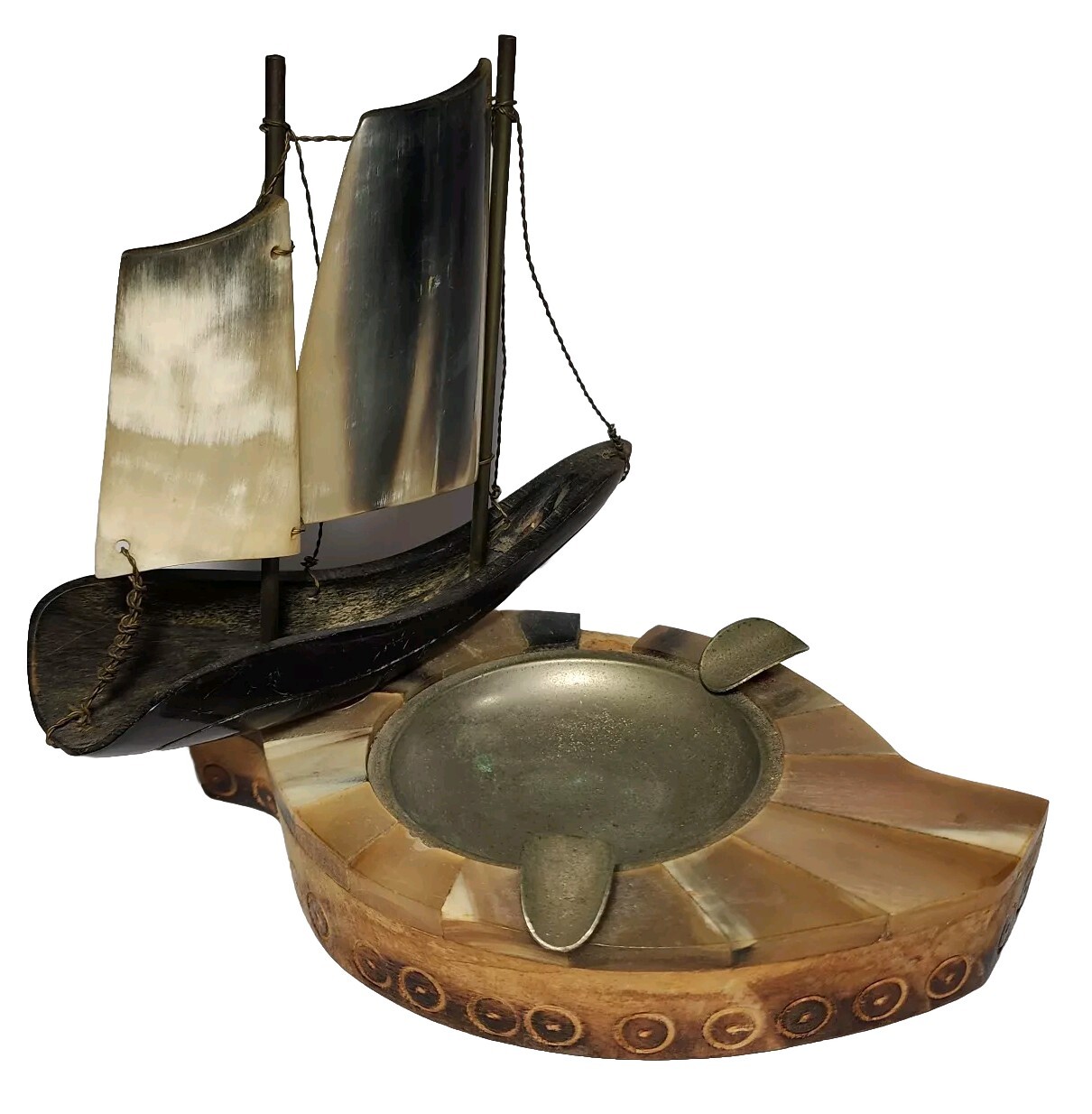 Vtg Carved Horn Sailing Clipper Ship Ashtray Nautical Pirate Scooner Boat Rare