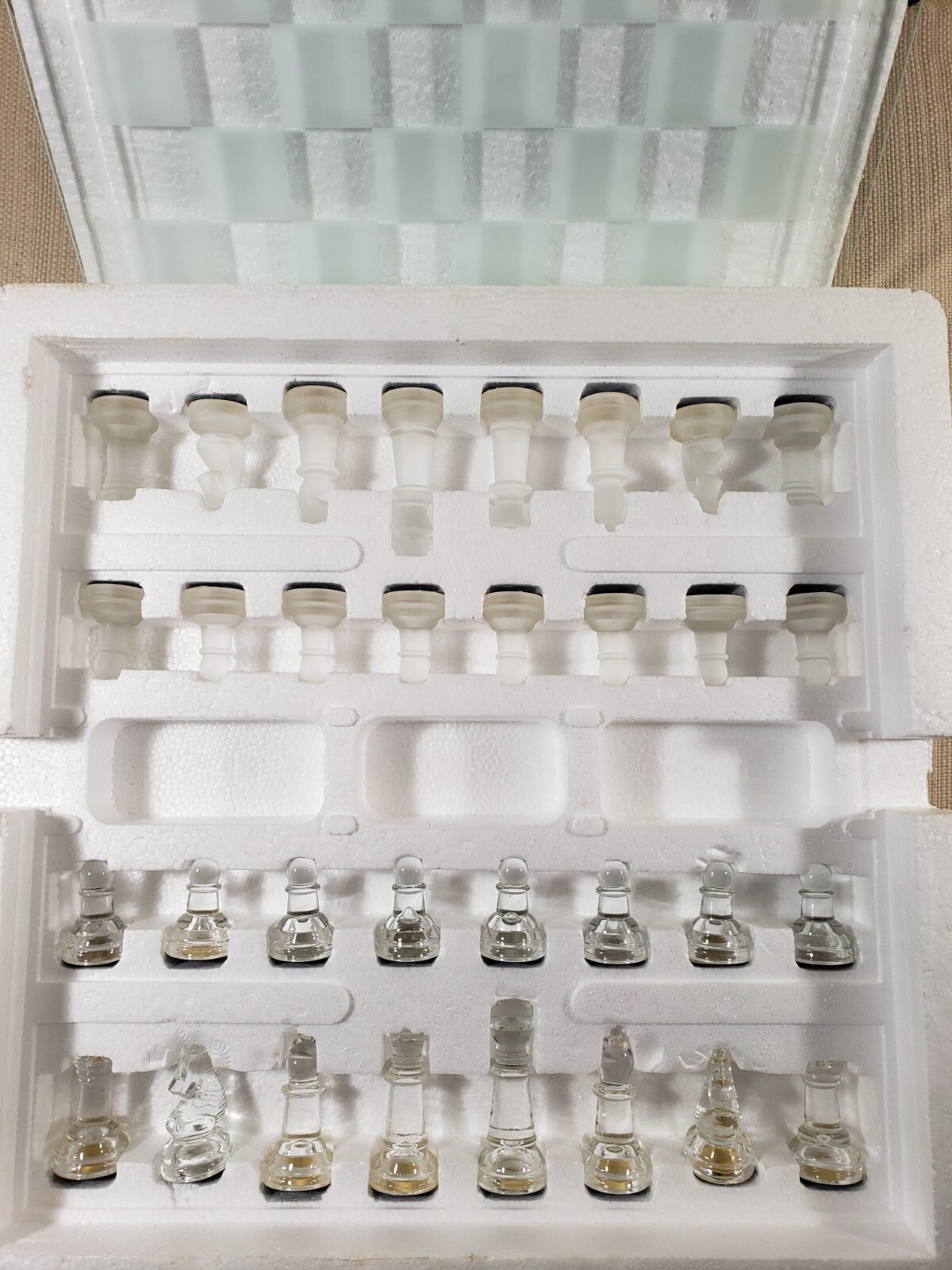 Chess Board Vtg 14 x 14 Glass w/ Glass & Frosted Playing Pieces Complete w/ Box