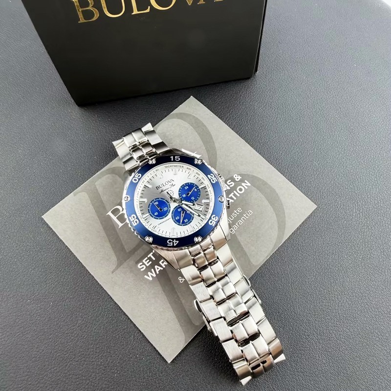 Men Bulova Marine Star White/Blue Dial Chronograph 98B423 Quartz Watch 41.5mm
