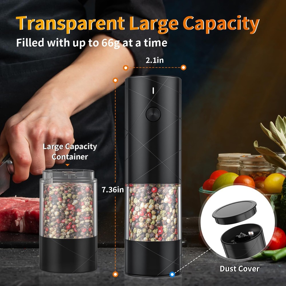 2Pack Salt and Pepper Grinder Set USB Rechargeable with Warm Light, Adjustabl...