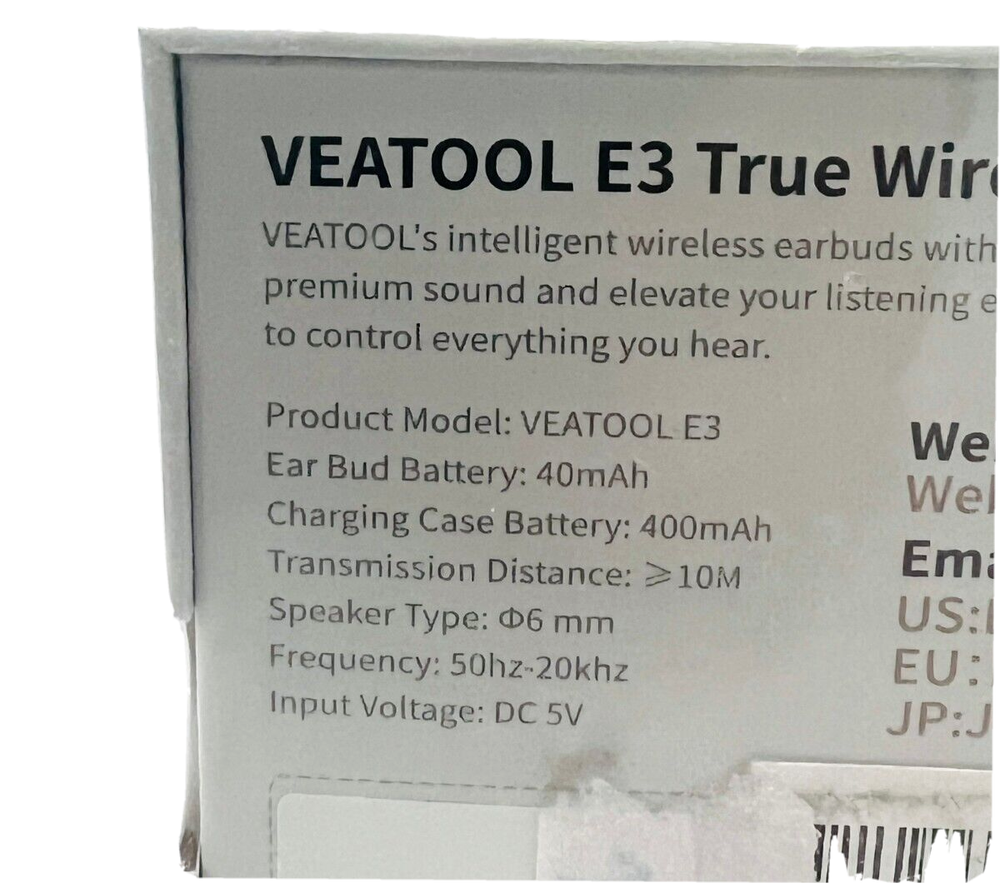 Veatool E3 True Wireless Earbuds, LED Display + Touch Control, Rechargeable Case