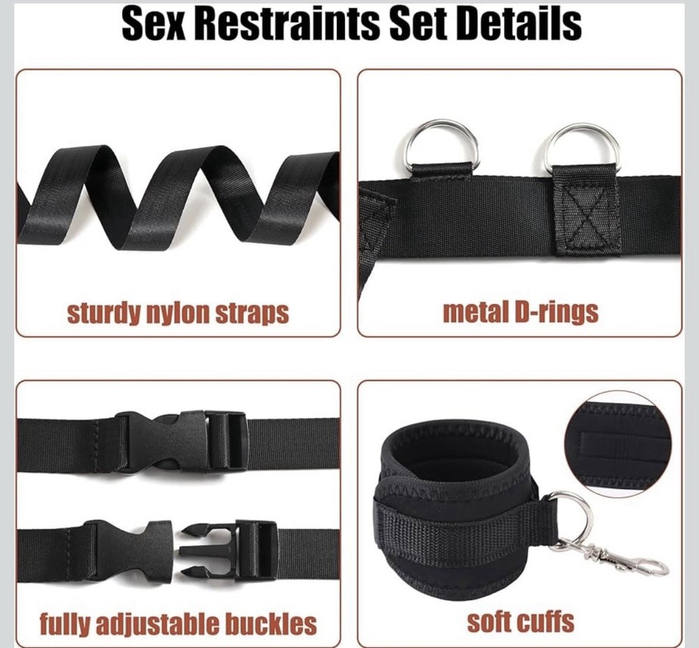 BDSM Bed Restraints Set, Adjustable Straps, Hand/Ankle Cuff (Black)