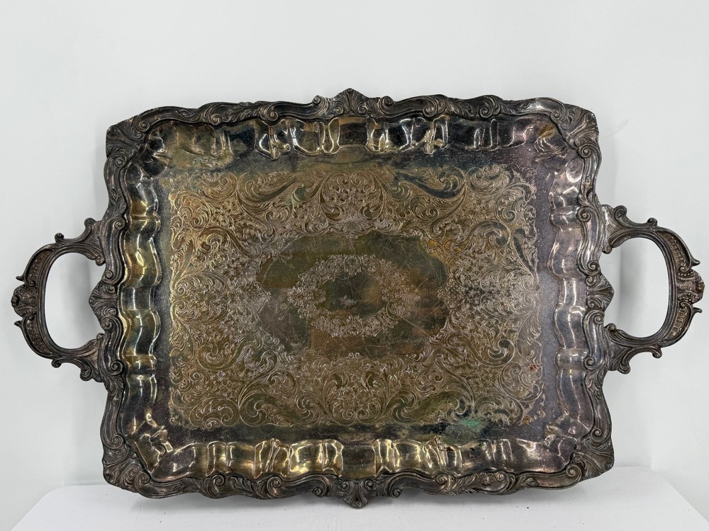 Vintage Silver Plated Copper Silver On Copper Ornate Engraved Serving Tray-25"