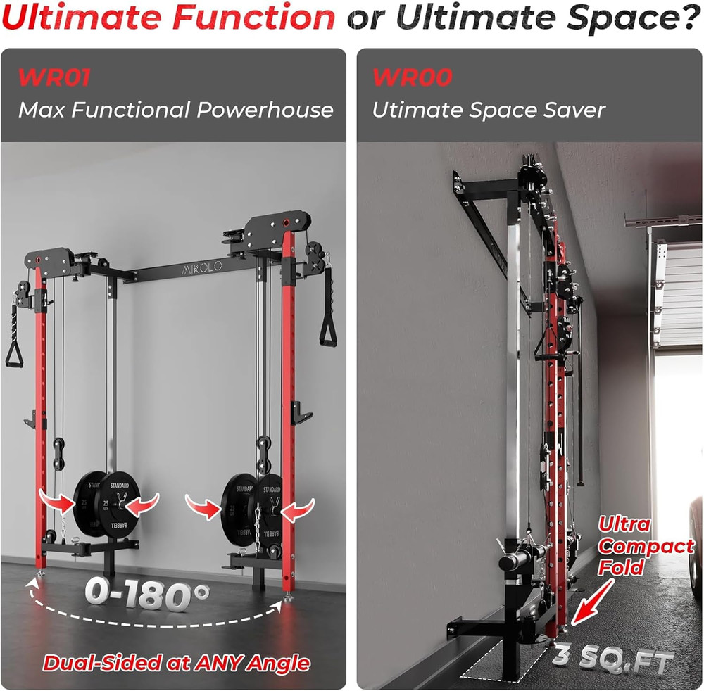 Mikolo Folding Squat Rack, Wall Mounted Power Rack with Cable Crossover Machine