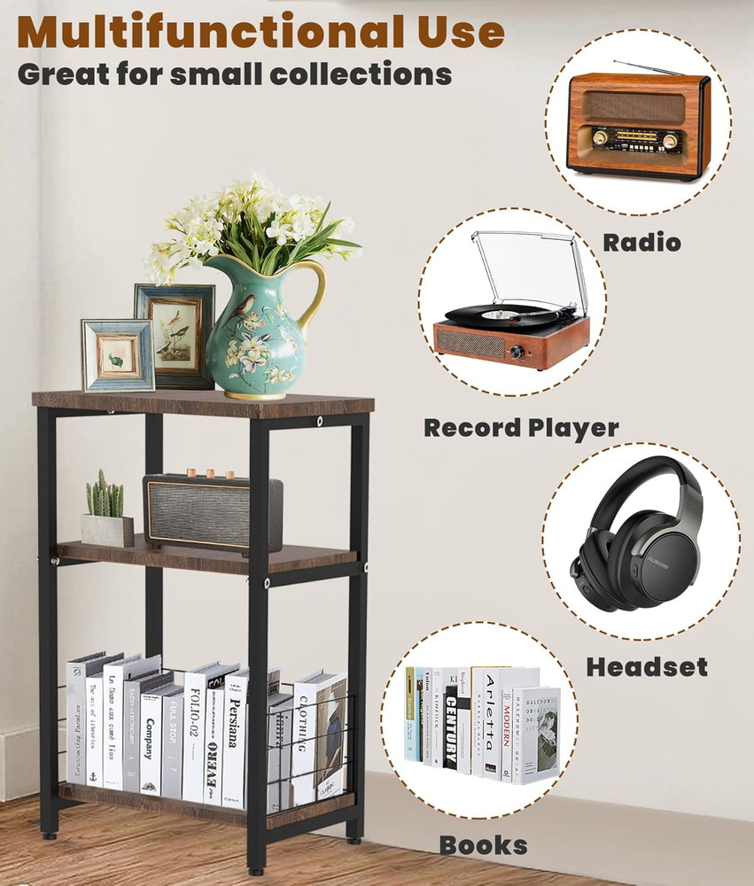Record Player Stand, 3 Tier Side End Table with Vinyl Record Storage Basket, Tur