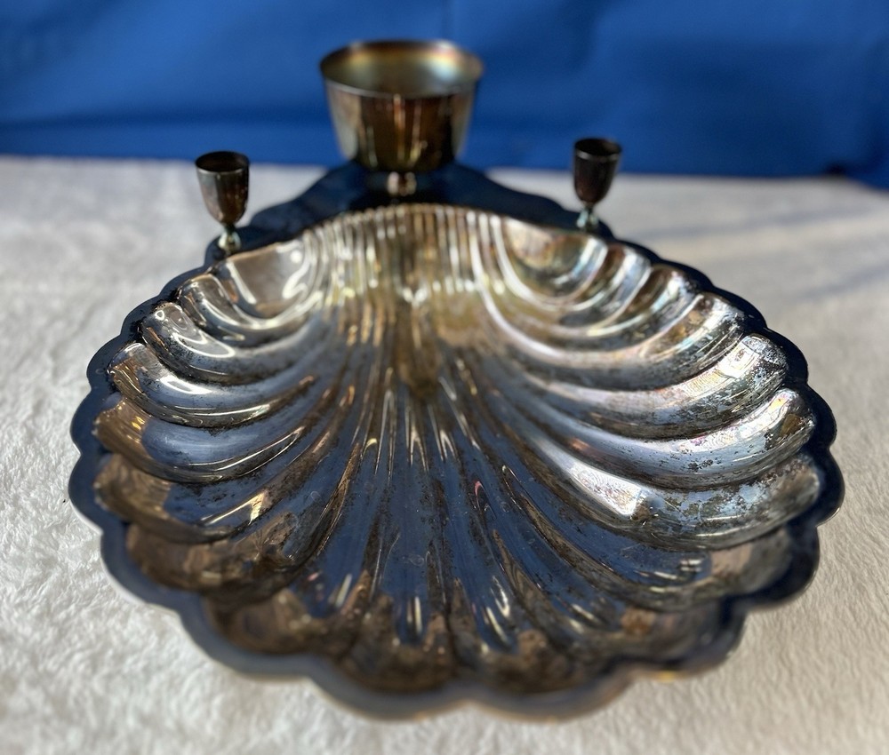 Vintage Sheffield Silver Shell Dish Scalloped Serving Bowl W/ Candle Holders 15"