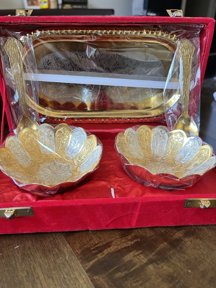 India Craft Gold & Silver Plated Bowl, Spoon, Tray Set - NIB /Unused -Velvet Box