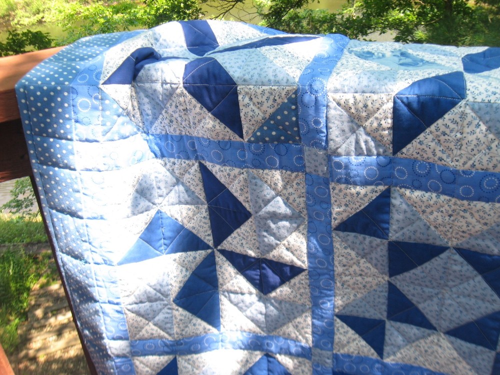 Handcrafted True Blues Sampler Quilt, 62" Square, Lap, Bed Cover