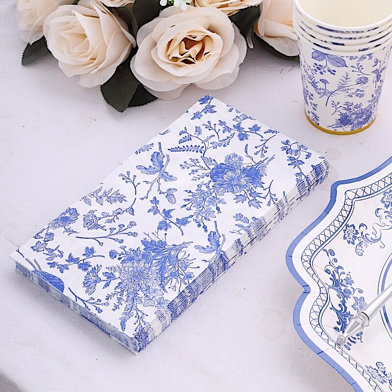 20 White Blue Floral 2 Ply Paper Disposable Dinner Napkins Party Decorations