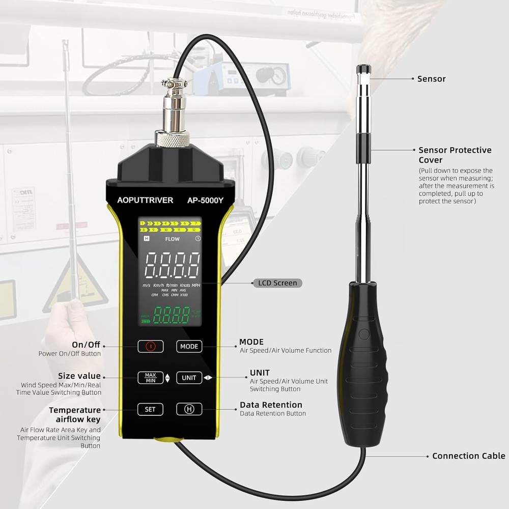 Thermal Anemometer Digital Wind Speed Meter Telescopic CFM/CMM Airflow Temp Test