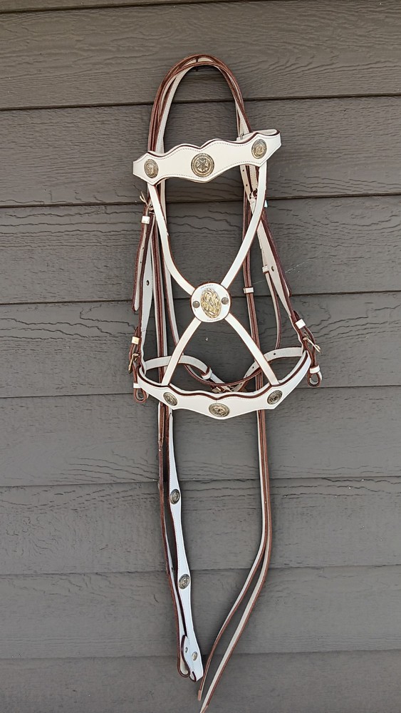 Fancy White Leather Draft Tack Set: Headstall, Reins, Breastcollar