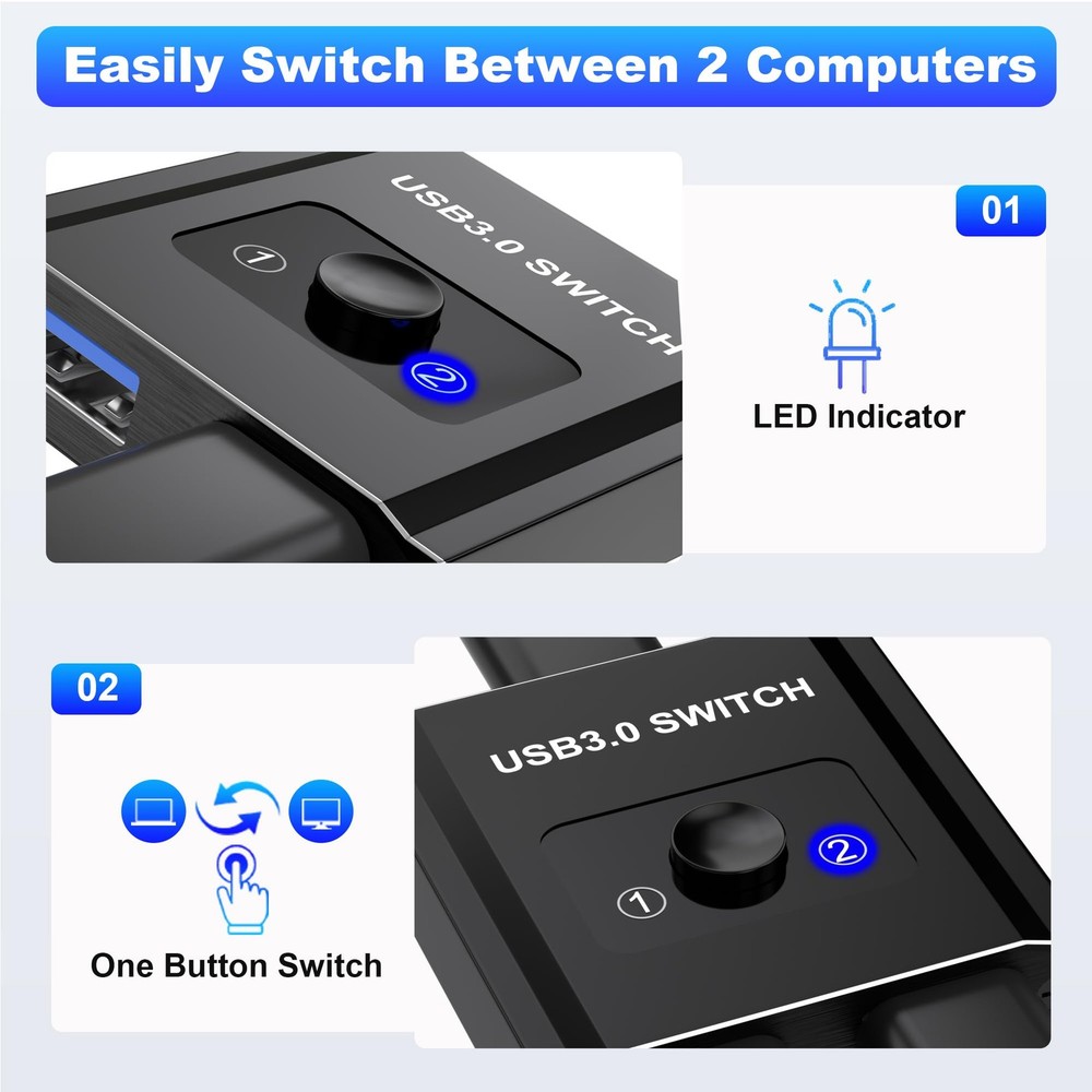USB Switch Bi-Directional 1 in 2 Out USB Switcher 2 Computers Sharing KVM
