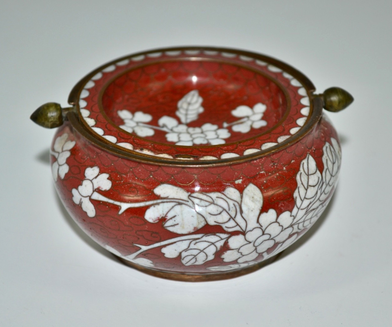 Vintage Chinese Export Red/White/Green Cloisonné Incense Burner Tray Flip Top
